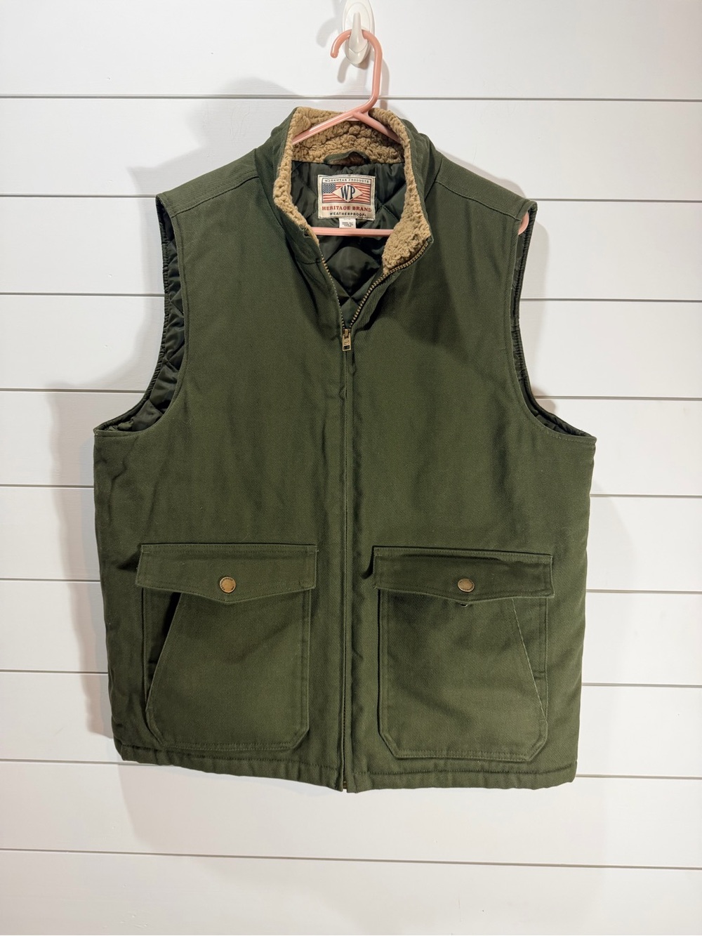 WP WEATHERPROOF Men's large Sherpa Collar Full-Zip Workwear Vest  olive green